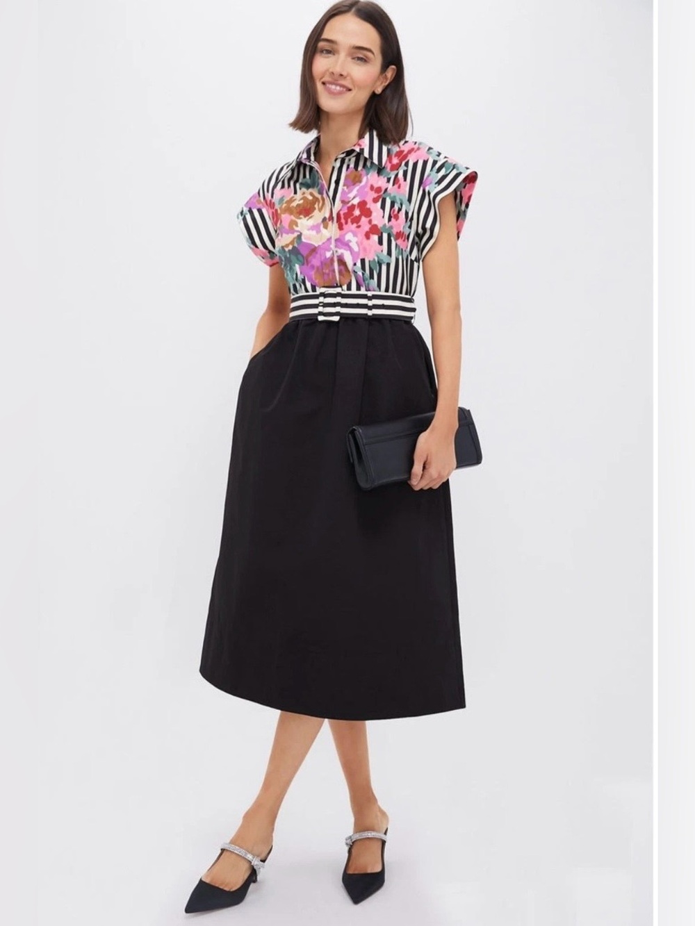 Tuckernuck Black Midi Dress with Floral Striped Bodice